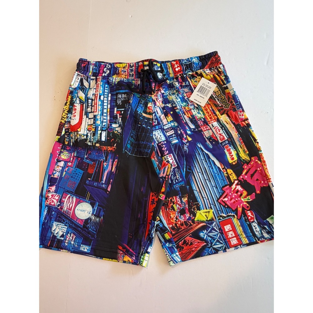 Fresh Prints Tokyo Night Cityscape Neon Graphic Shorts Mens Medium NWT